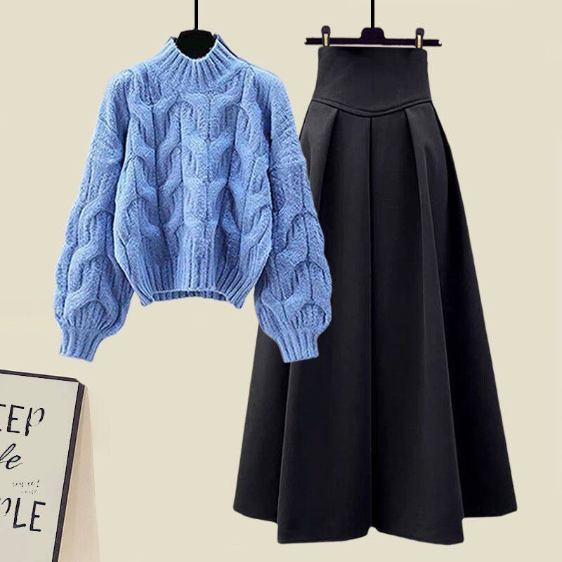 Conjunto suave de outono, conjunto retrô elegante de duas peças (suéter + saia)