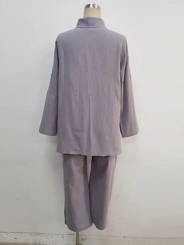 Camisa de lapela de cor sólida, top de algodão e linho e calças S-5XL