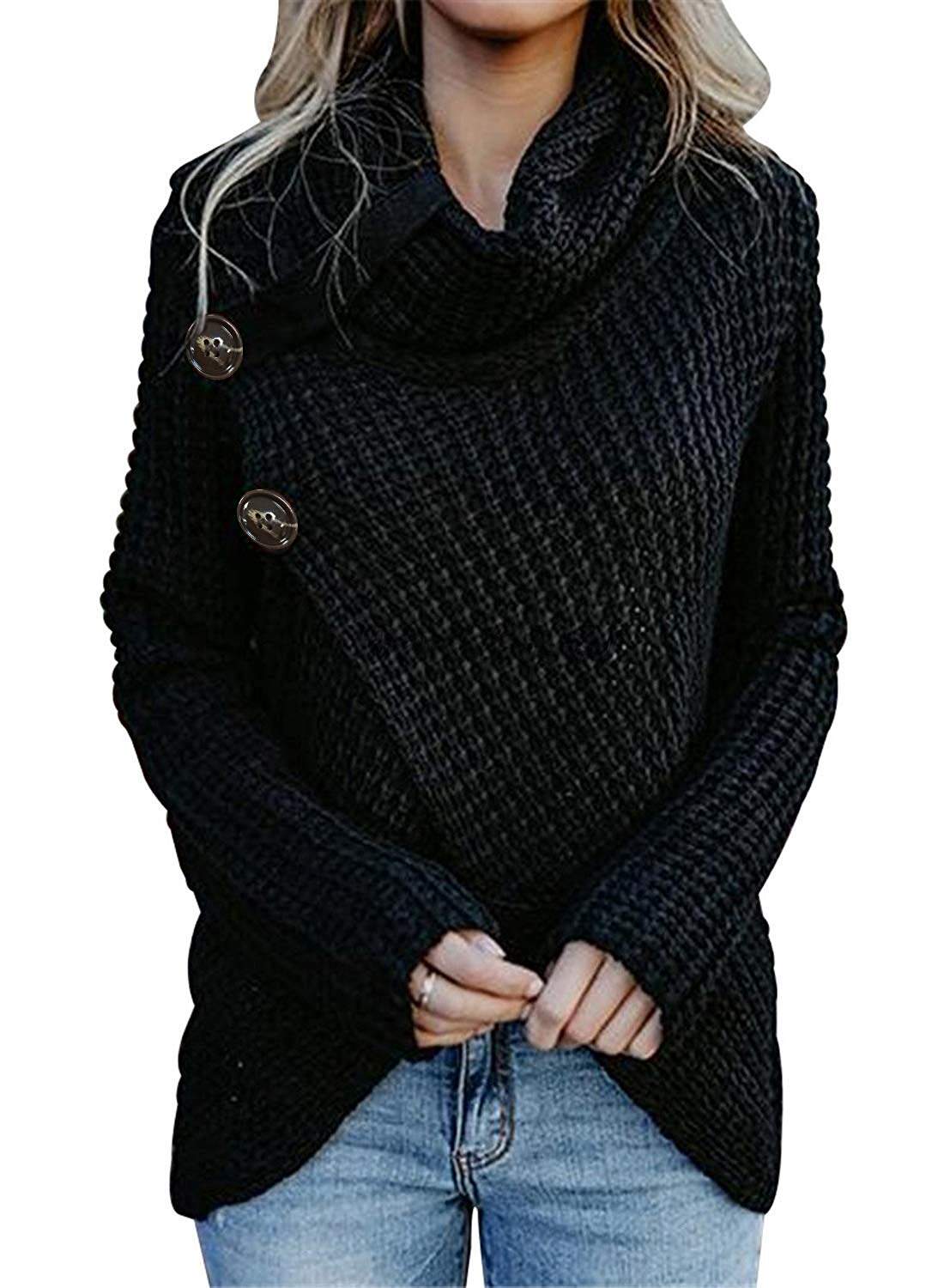 Women's Chunky Button Turtle Cowl Neck Asymmetric Hem Wrap Pullover Sweater