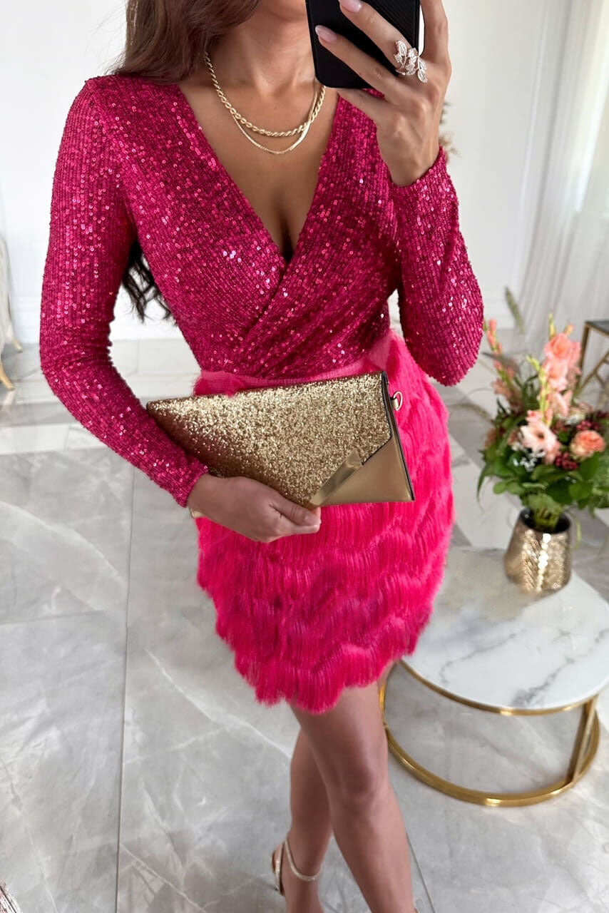 Sequined patchwork layered fringed mini dress