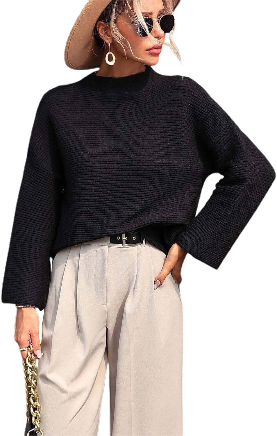 Luźny damski sweter z rękawem dziewięć czwartych w jednolitym kolorze dla kobiet