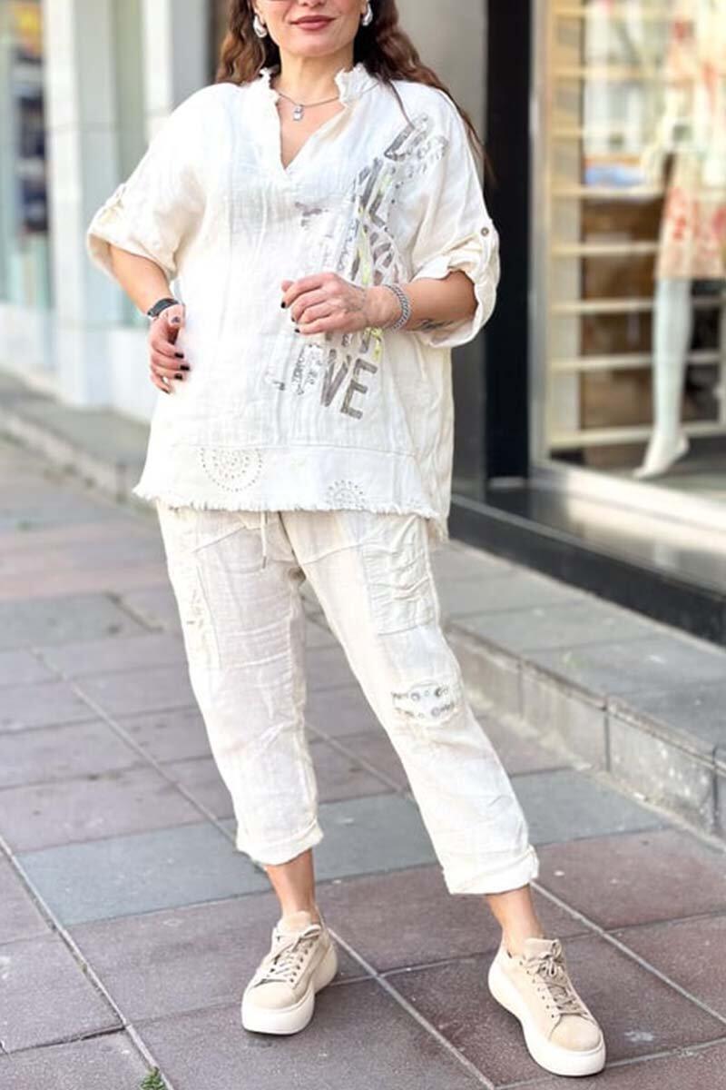 Conjunto blusa + calça dia feminino em algodão e linho
