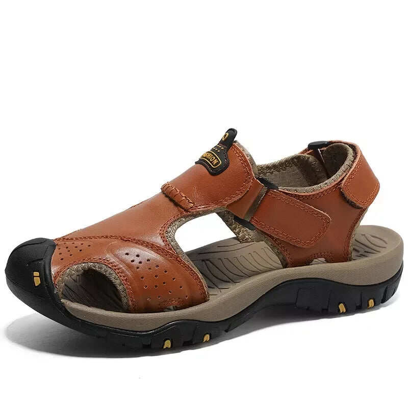 Sandália de praia masculina Gladiator - couro genuíno - suporte confortável
