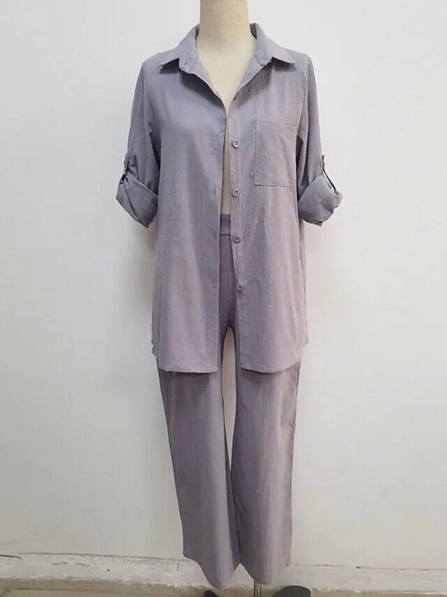 Camisa de lapela de cor sólida, top de algodão e linho e calças S-5XL