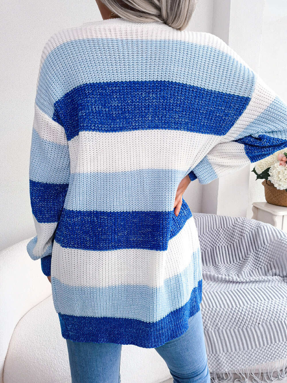 👘Jesienny i zimowy sweter w kontrastowe paski z rękawami typu lampion