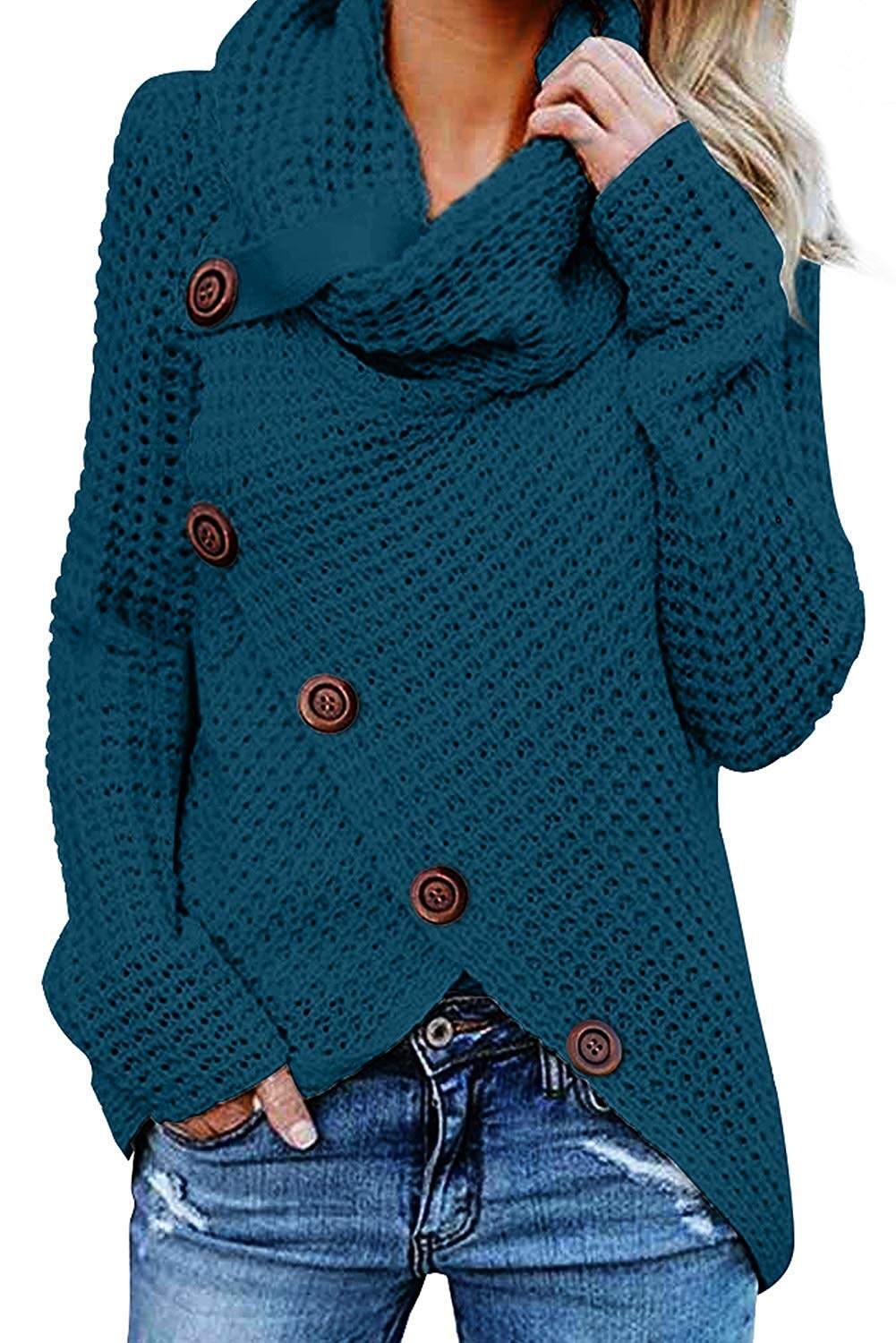 Women's Chunky Button Turtle Cowl Neck Asymmetric Hem Wrap Pullover Sweater