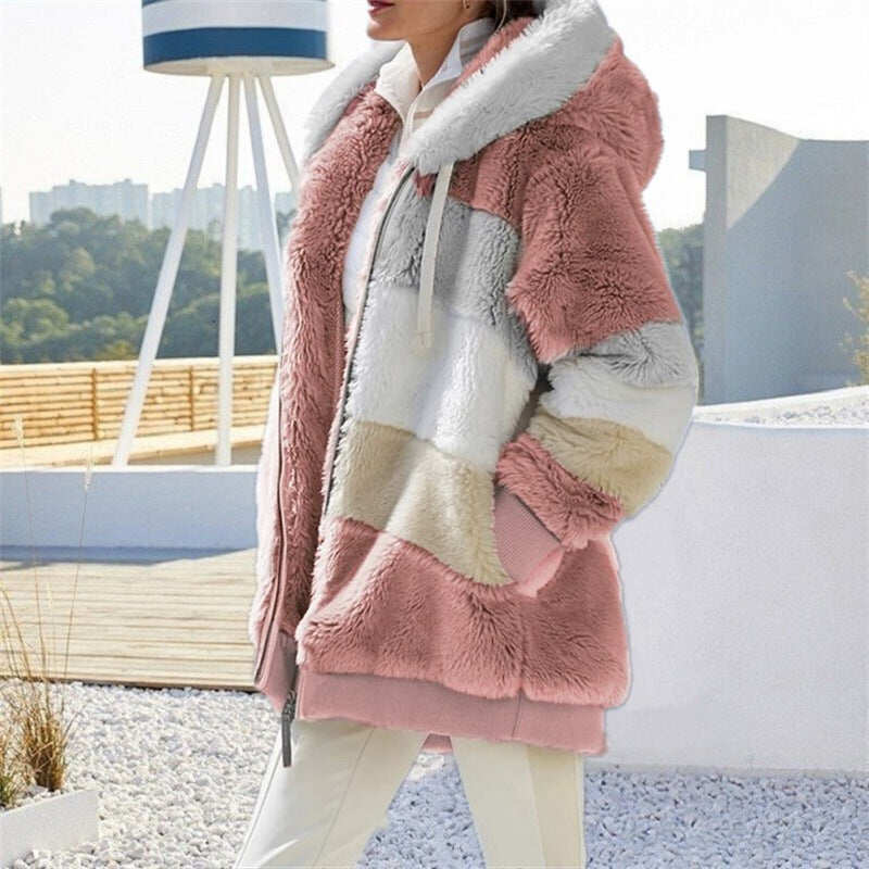 2023 outono e inverno novo casaco de veludo de lã de cordeiro com bolso com zíper e capuz