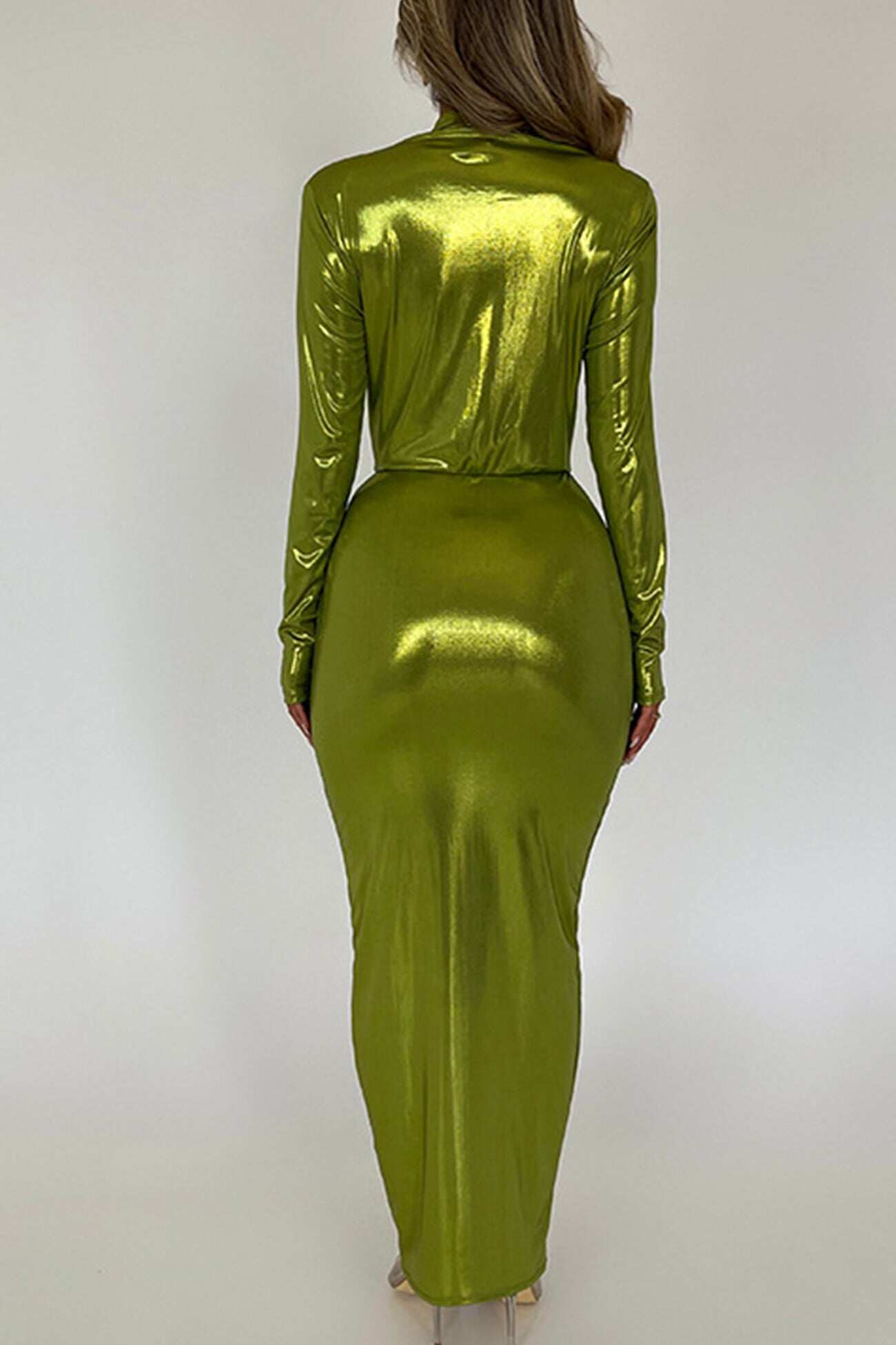 Powlekana spódnica z dekoltem w kształcie litery V przylegająca do bioder seksowna plisowana skórzana sukienka z długimi rękawam