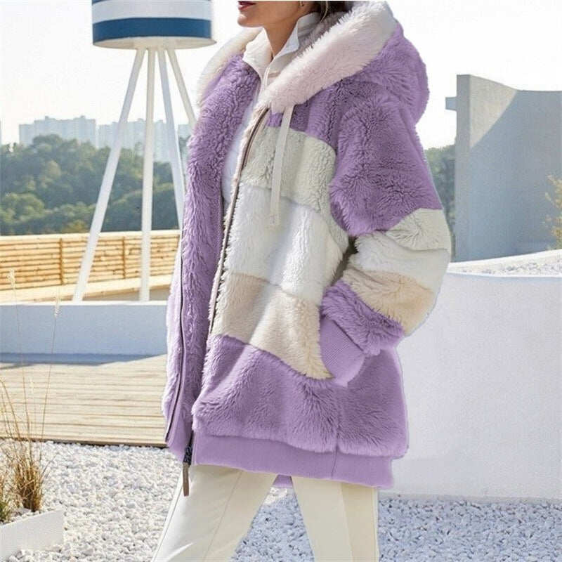 2023 outono e inverno novo casaco de veludo de lã de cordeiro com bolso com zíper e capuz