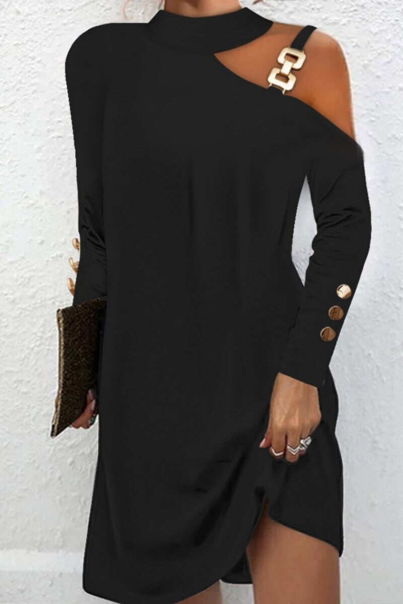 Sukienka z długim rękawem metalowa klamra guzik wiązany na szyi