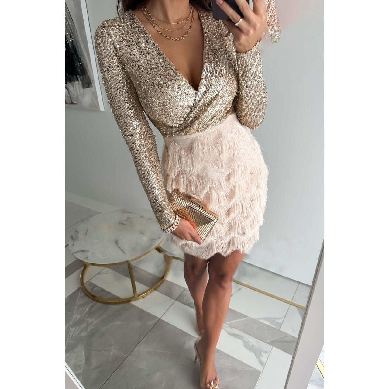 Sequined patchwork layered fringed mini dress