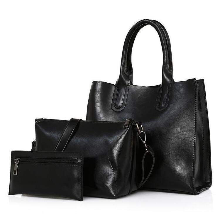 Nova bolsa feminina de três peças de couro encerado estilo retrô de grande capacidade 2