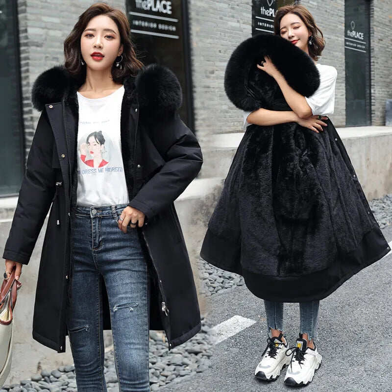 Novo casaco de algodão de inverno para mulheres estilo coreano comprimento médio gola de pele grande além de jaqueta de forro de veludo