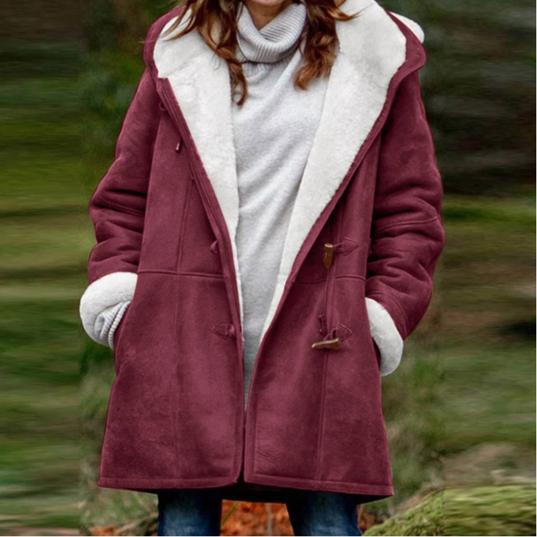 Damski płaszcz jednokolorowy swobodny kardigan zapinany na guziki ciepła średniej długości kieszeń z kapturem
