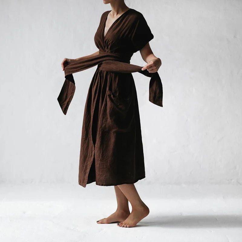 Moda feminina cinto decote em V cintura alta manga curta vestido de linho de algodão