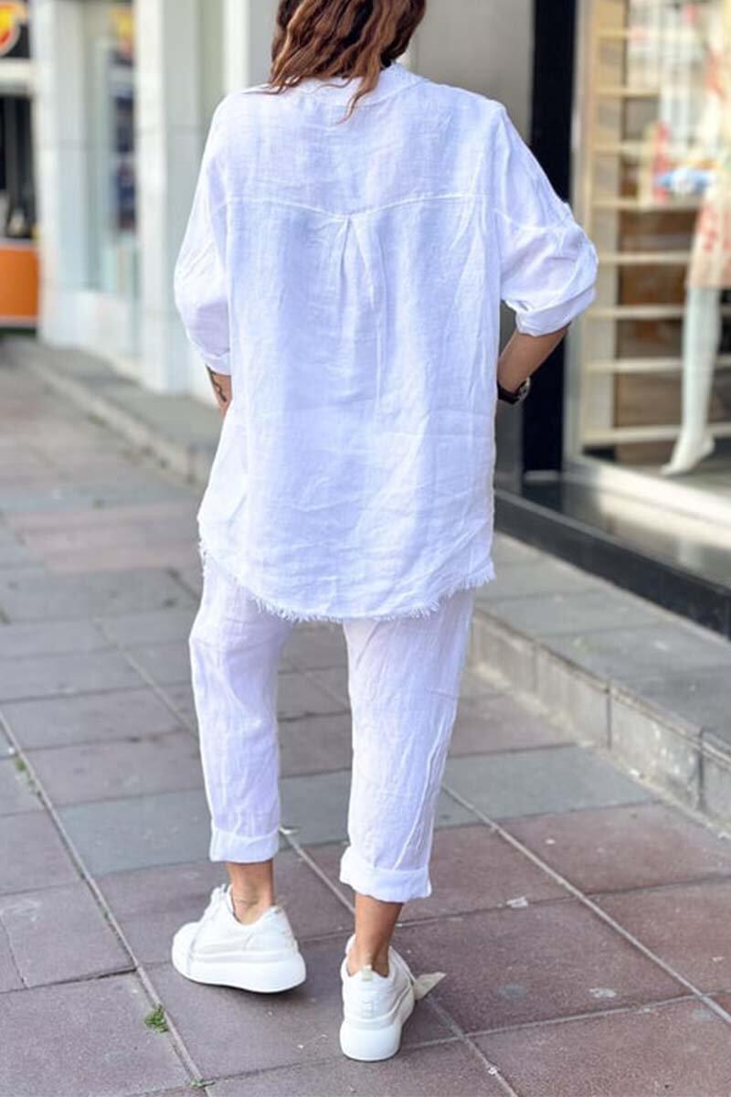 Conjunto blusa + calça dia feminino em algodão e linho