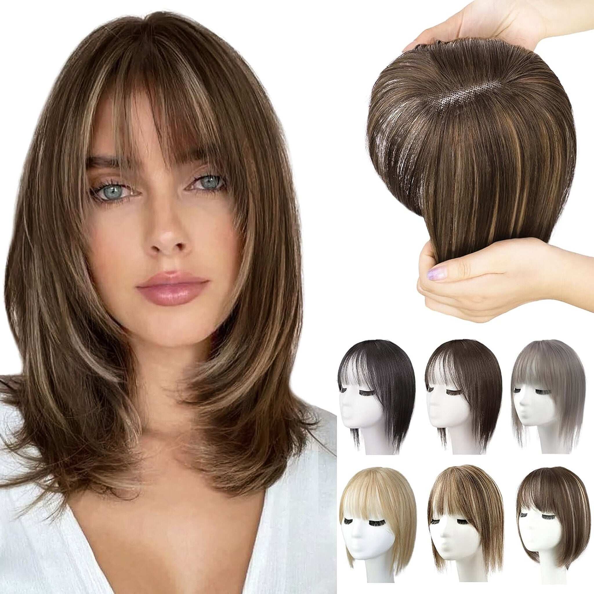 Toppers de cabelo 100% humano para mulheres, adicionando volume de cabelo com franja, 12 polegadas, invisível