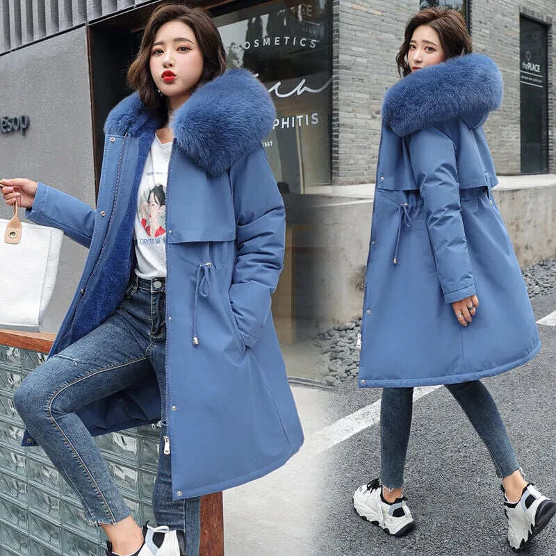 Novo casaco de algodão de inverno para mulheres estilo coreano comprimento médio gola de pele grande além de jaqueta de forro de veludo